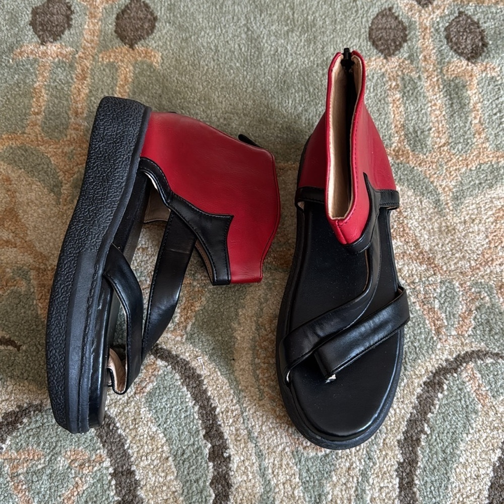 Italian Leather Two Tone Black Red Bootie Hi Top Sandals Handcrafted Italy